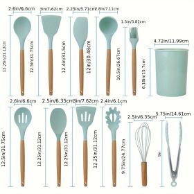 11Pcs Silicone Cooking Utensil Set Heat Resist Wooden Handle Silicone Spatula Turner Ladle Spaghetti Server Tongs